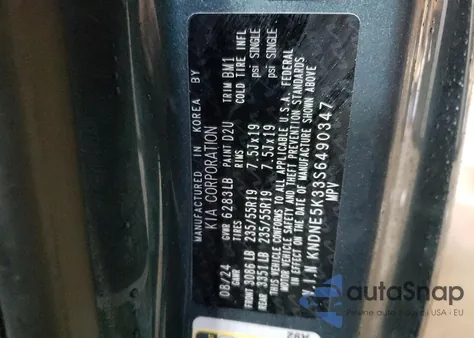 2025 Kia Carnival Sx z USA, uszkodzony, nr VIN KNDNE5K33S6490347